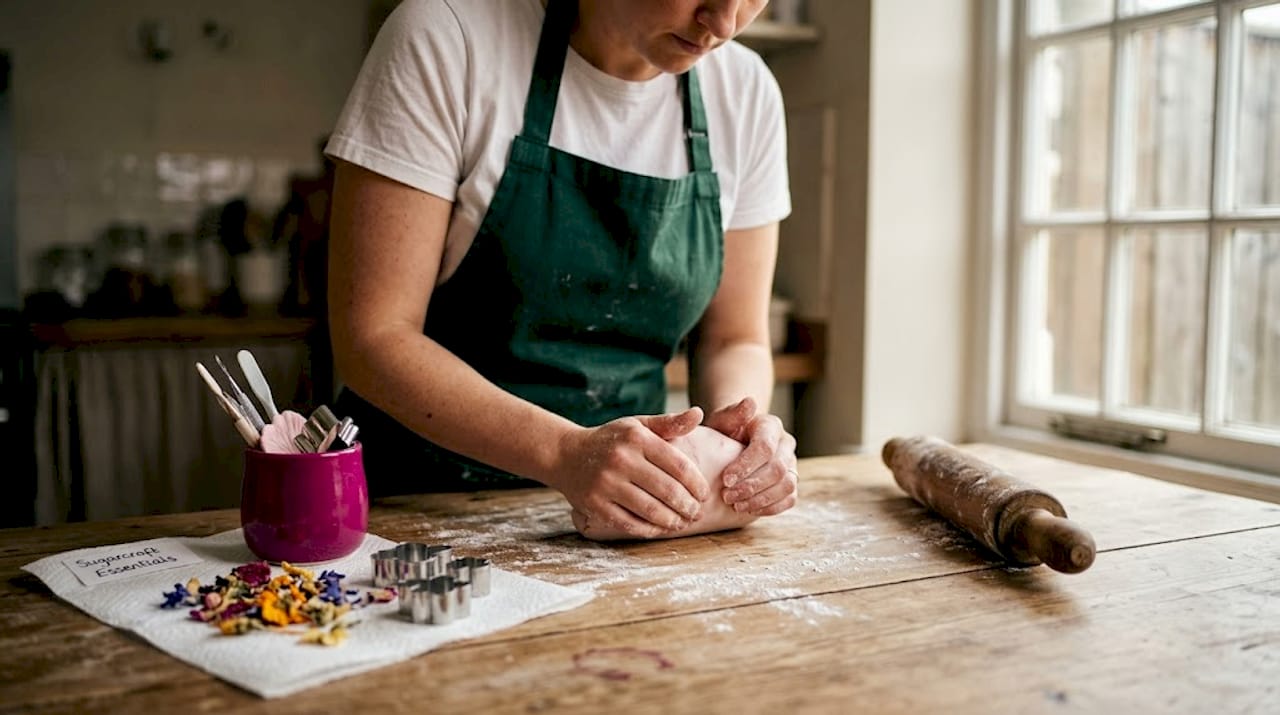 Decorator kneading gumpaste on marble kitchen counter